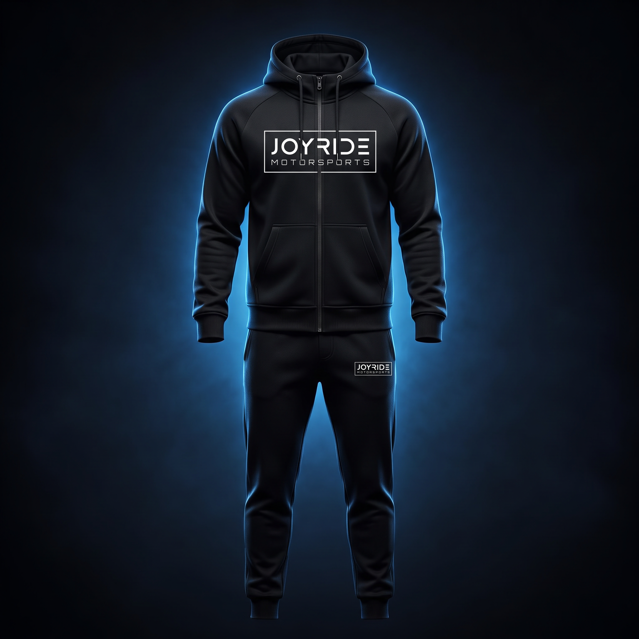 Black Joyride Motorsports tracksuit with white chest and left hip logos