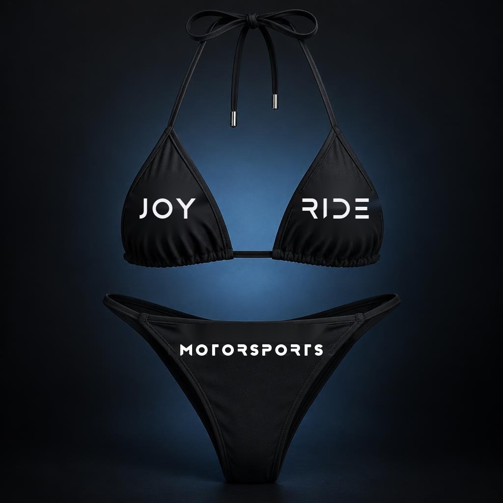 Black Joyride Motorsports bikini with JOY and RIDE top and MOTORSPORTS bottom