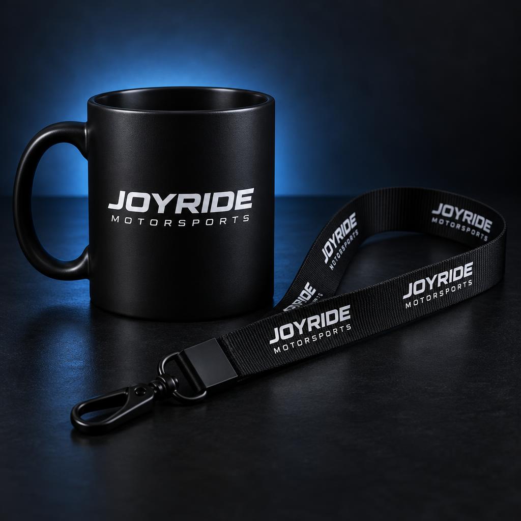 Black Joyride Motorsports mug and logo lanyard