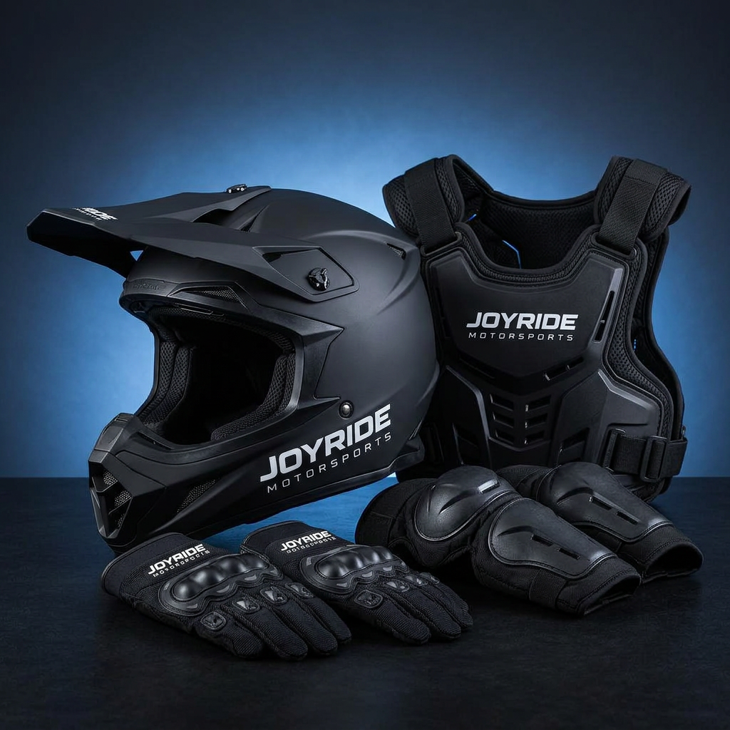 Black Joyride Motorsports dirt bike helmet, riding gloves, chest protector and knee pads